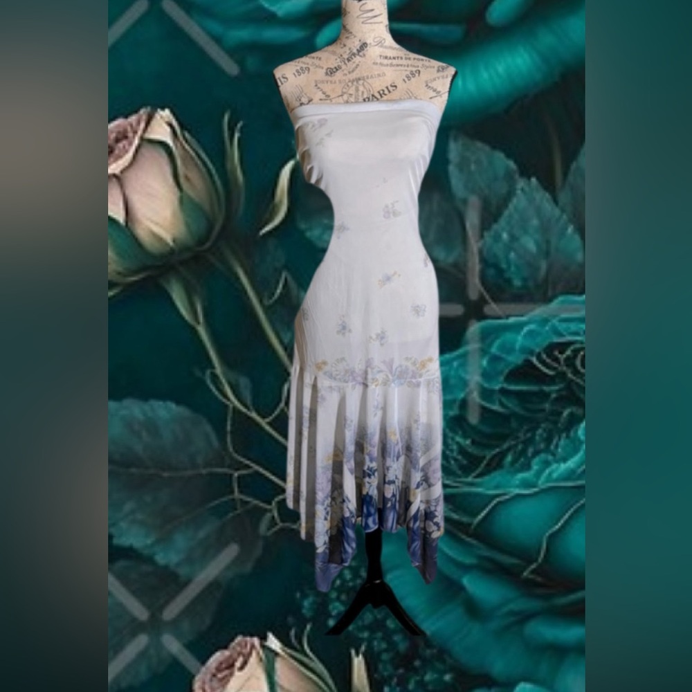 FANG White Strapless Handkerchief Dress with Lavender and Blue Floral Hem
